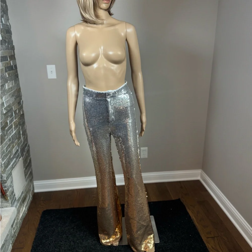 AKIRA Sequin Flare Pants Silver Gold Disco Festival Bell Bottom NWT - Picture 2 of 6